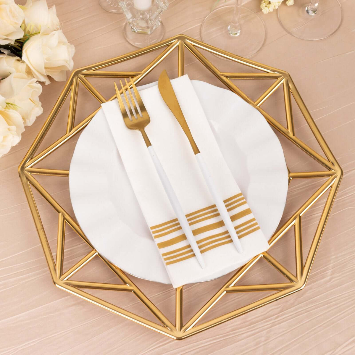 6-Pack Acrylic Charger Plates 13" Octagon Metallic Gold with Hollow Geometric Rim - Plastic Disposable Decorative Chargers